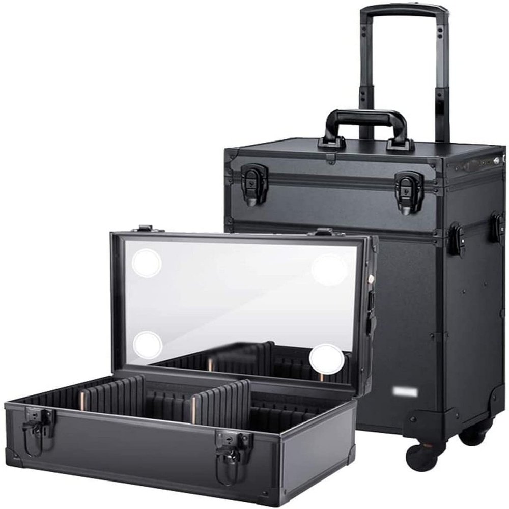 Cosmetic Cases Professional Makeup Case Aluminum Suitcase Large Capacity with Lock 4 Wheels LED Lamp Adjustable,Black,37.524.561CM