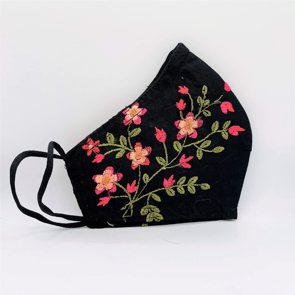 Black Emroidered Cotton Face Mask