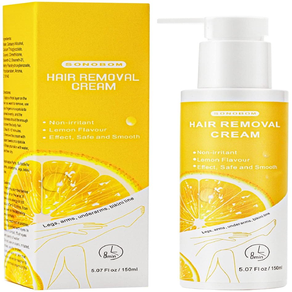 Sonobom Hair Removal Cream, Lemon Flavor, Painless, Non-Irritant for Sensitive Skin, 5.07 Fl oz, For Intimate Area, Arms, Legs, Underarms, Chest, Dermatologically Tested, Unisex