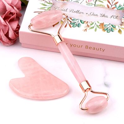 Jade Roller and Gua Sha Facial Tools Set, Natural Rose Stone Quartz Beauty Guasha Massage Facial Tools for Skin Care Routine (Pink)