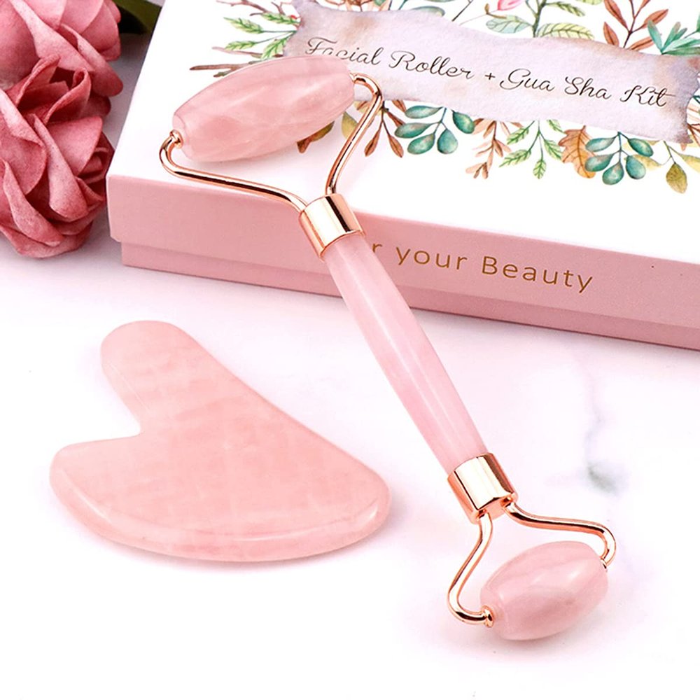 Jade Roller and Gua Sha Facial Tools Set, Natural Rose Stone Quartz Beauty Guasha Massage Facial Tools for Skin Care Routine (Pink)