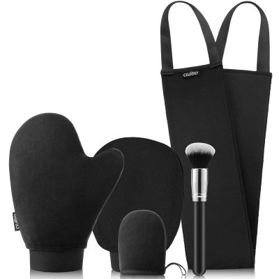CeleCily 5-in-1 Self Tanner Mitt Applicator Kit - Professional Self Tanning Mitt Back Applicator, Mini Mitt, Brush and ExfoliatorNo Streaks, No Orange Palms, Double-Sided Washable Tanning Gloves Set