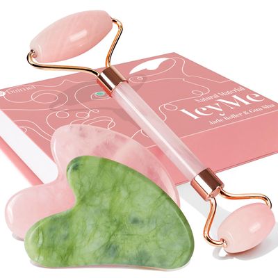 BAIMEI Rose Quartz Roller Set & Xiuyan Jade Gua Sha  Face Massager Tool and Guasha Tool for Face