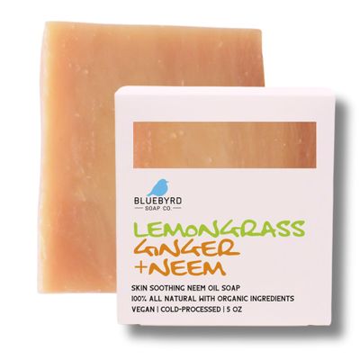 Bluebyrd Soap Co. Ginger Lemongrass All Natural Soap Bar with Neem Oil | Cleansing Beauty Bar Soap Scented with 100% Essential Oils | Neem for eczema prone skin, psoriasis and acne, 5oz. (GINGER)