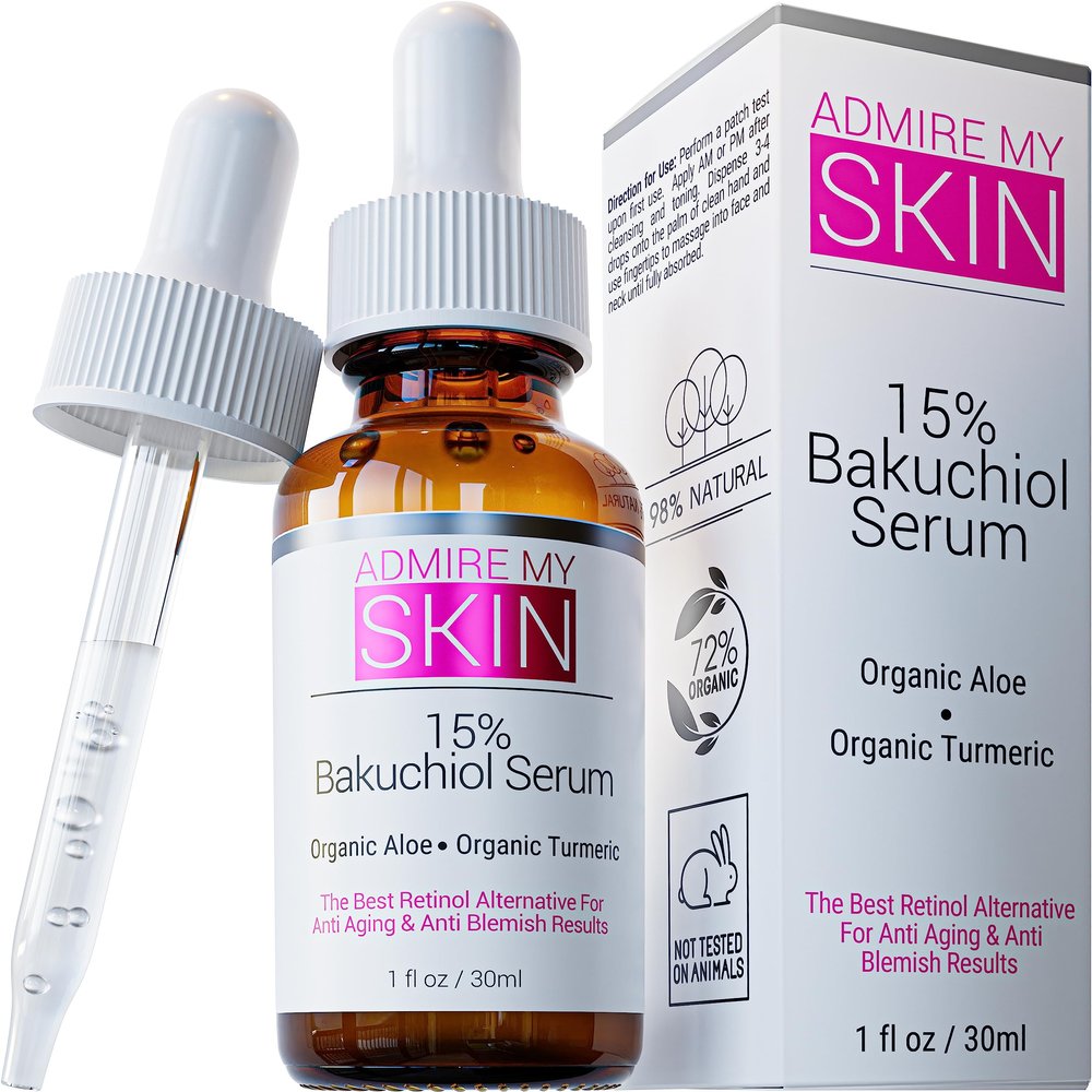 Admire My Skin Bakuchiol Serum Natural Retinol Serum Alternative for Face Anti Blemish Anti Aging Facial Serum Contains Organic Aloe + Turmeric 1oz