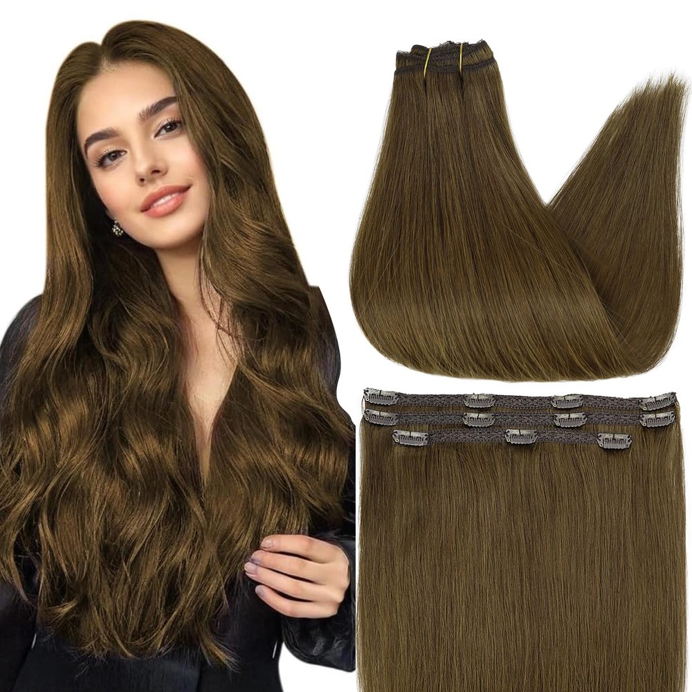 Full Shine Hair Extensions Real Human Hair Clip ins 12 Inch Brown Clip in Human Hair Extension Straight Soft Natural Brown Hair for Women Add Volume 3 PCS 60 G