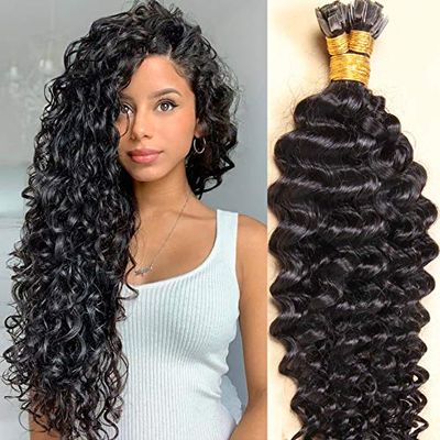 Malaysian Curly Human Hair Extensions Flat Tip Hair Keratin Hair Extension Pre-bonded Machine Made Capsules Human Hair 100/200 Strands (14inch 200strand, Natural color)