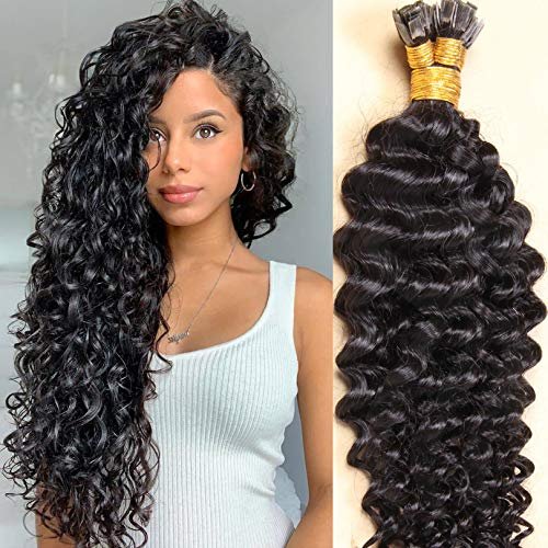 Malaysian Curly Human Hair Extensions Flat Tip Hair Keratin Hair Extension Pre-bonded Machine Made Capsules Human Hair 100/200 Strands (14inch 200strand, Natural color)