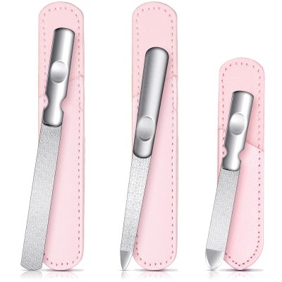 3 Pcs Stainless Steel Nail Files Kit with Leather Case, Double Sided Metal Nail Files with Anti-Slip Handle for Women and Men, Metal File Buffer Manicure Pedicure Tools for Fingernail Toenail(Pink)
