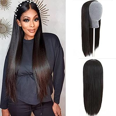 14-30 Inch Half Wig With Clip in Hair Extensions Brazilian Remy Straight Hair 180 Full Density 3/4 Half Wig Human Hair Black Brown Color (22inch 180% Density, Natural Color)