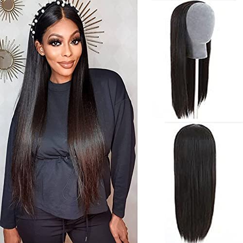 14-30 Inch Half Wig With Clip in Hair Extensions Brazilian Remy Straight Hair 180 Full Density 3/4 Half Wig Human Hair Black Brown Color (22inch 180% Density, Natural Color)