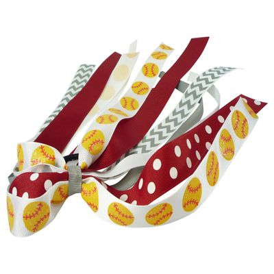 Softball Ponytail Bow in Red Polka, Gray Chevron, White Ribbons for Girls Team Hair, Sports Bow