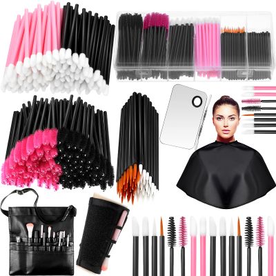 268 Pieces Disposable Makeup Tools Kit, Includes Eyeliner Brushes Makeup Short Waterproof Cape Stainless Steel Palette Mascara Wands Lipstick Applicators Plastic Organizer Box Bag Armband Cleaner