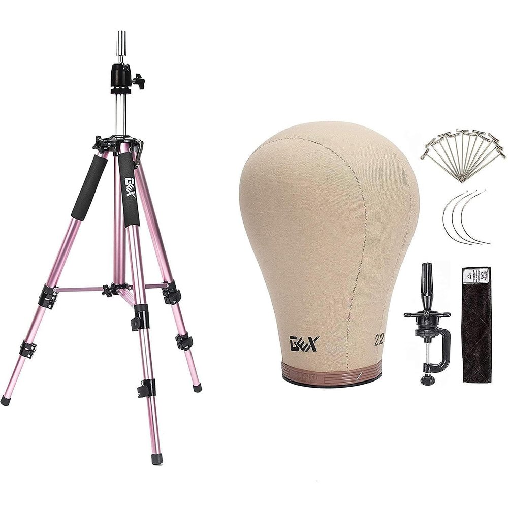 GEX Heavy Duty Mannequin Tripod + GEX Canvas Cork Wig Block Head Set Bundle