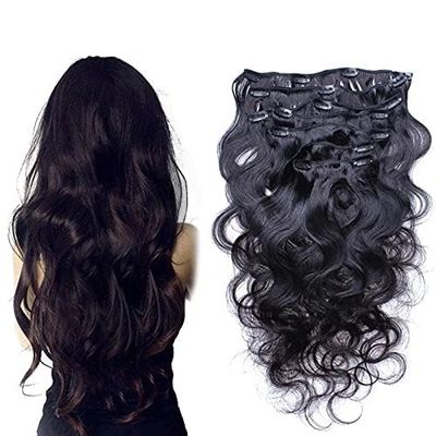 Body Wave Clip in Human Hair Extension Brazilian Remy Clip on Hair Extension Natural Black 10-30inch Long Wavy Full Head 100-150g (26inch 150grams, #1(Jet Black))