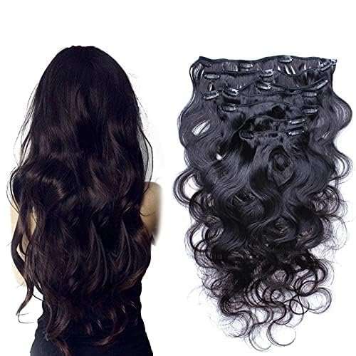Body Wave Clip in Human Hair Extension Brazilian Remy Clip on Hair Extension Natural Black 10-30inch Long Wavy Full Head 100-150g (26inch 150grams, #1(Jet Black))