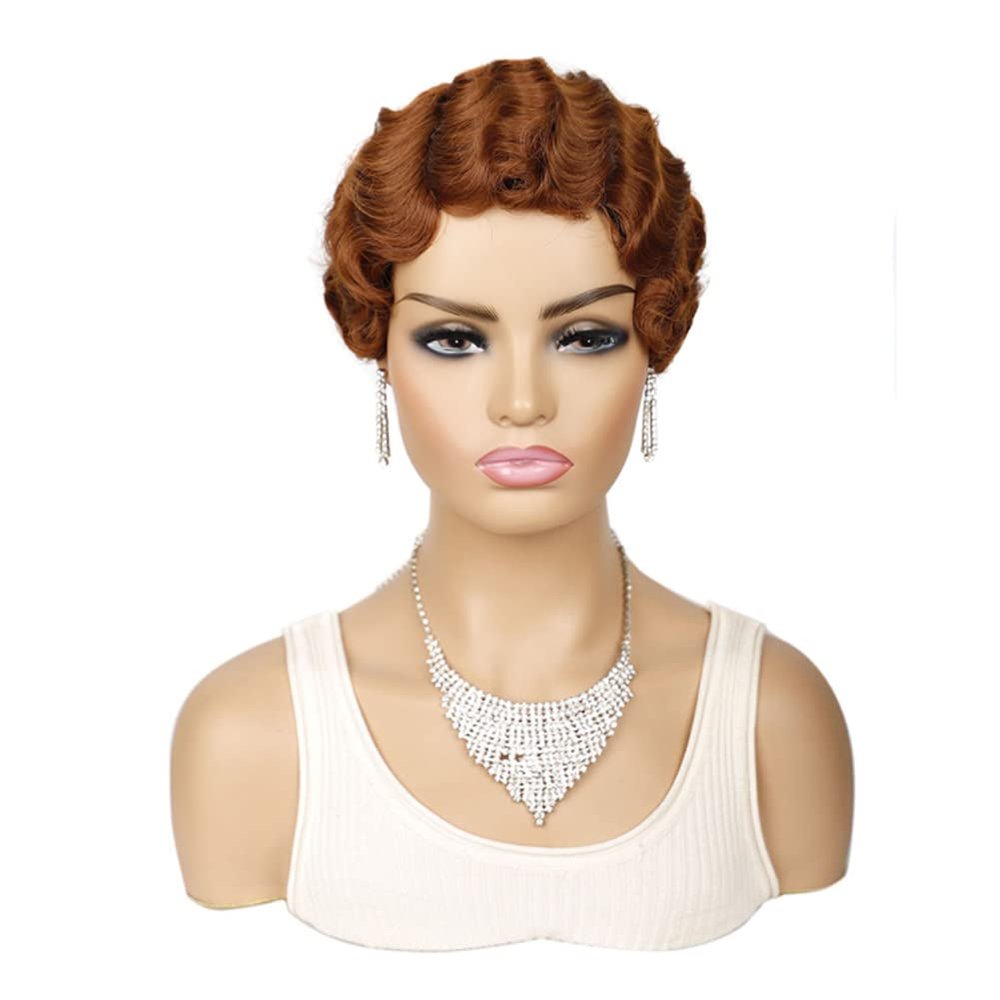 MIPPER Short Finger Wave Curly Wig for Black Women Synthetic Retro Curly Hair Ocean Wave Pixie Cut Wig (brown)