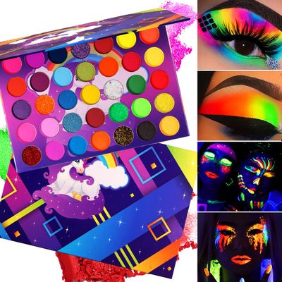 Afflano Neon Eyeshadow Palette Colorful High Pigmented, Bright Pride Day Makeup Rainbow Eyeshadow Matte Shimmer Glitter, Aurora Glow Neon in Dark UV Blacklight Makeup Eye Shadow Pallet