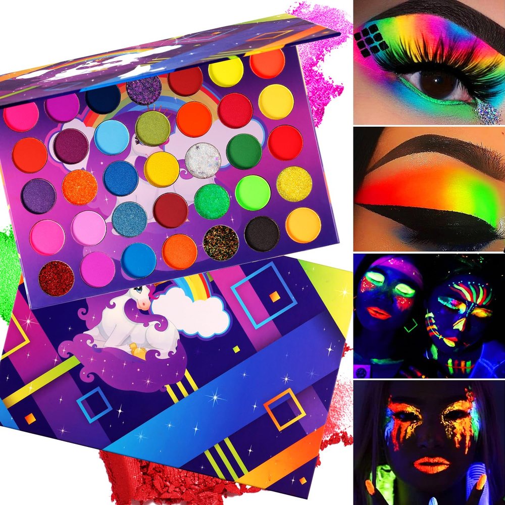 Afflano Neon Eyeshadow Palette Colorful High Pigmented, Bright Pride Day Makeup Rainbow Eyeshadow Matte Shimmer Glitter, Aurora Glow Neon in Dark UV Blacklight Makeup Eye Shadow Pallet