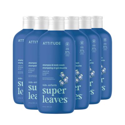 ATTITUDE Shampoo and Body Wash for Kids, EWG Verified Hair and Body Cleanser, Dermatologically Tested Soap, Plant and Mineral Based Bath Products, Vegan, Blueberry, 16 Fl Oz (Pack of 6)