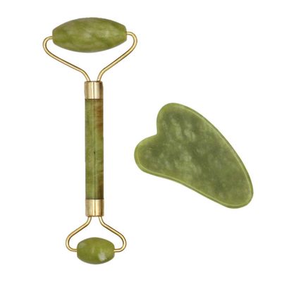 2pcs Facial Massager Roller Guasha Board Flat, Natural Jade Stone Eye Neck Thin Lift Relax Slimming Face Massage Tools-I Set
