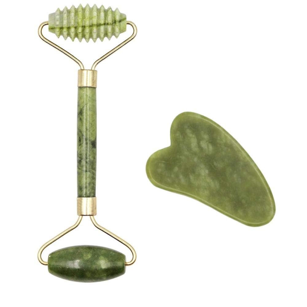 2pcs Facial Massager Roller Guasha Board Flat, Natural Jade Stone Eye Neck Thin Lift Relax Slimming Face Massage Tools-H Set
