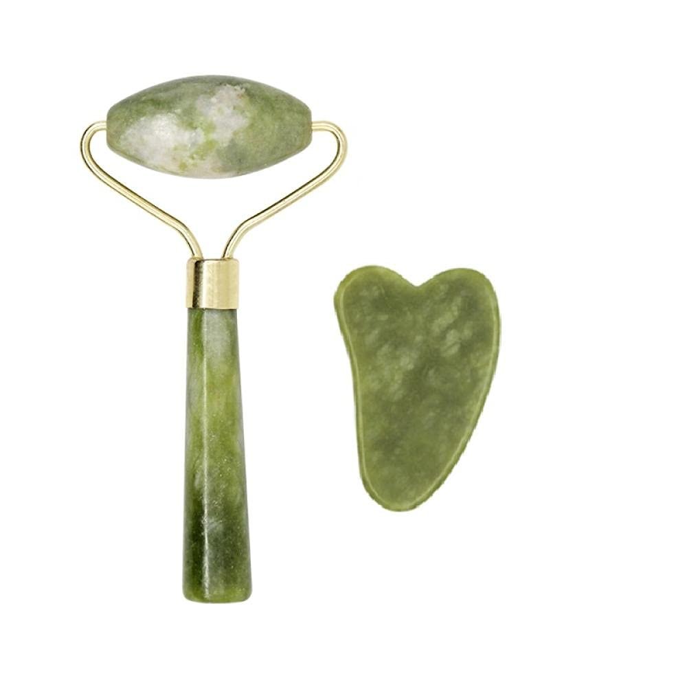 2pcs Facial Massager Roller Guasha Board Flat, Natural Jade Stone Eye Neck Thin Lift Relax Slimming Face Massage Tools-K Set