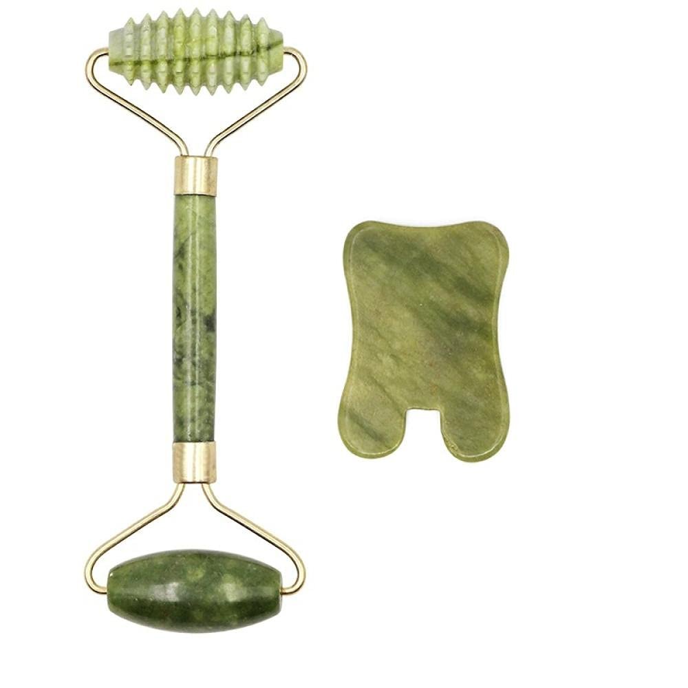 2pcs Facial Massager Roller Guasha Board Flat, Natural Jade Stone Eye Neck Thin Lift Relax Slimming Face Massage Tools-M Set