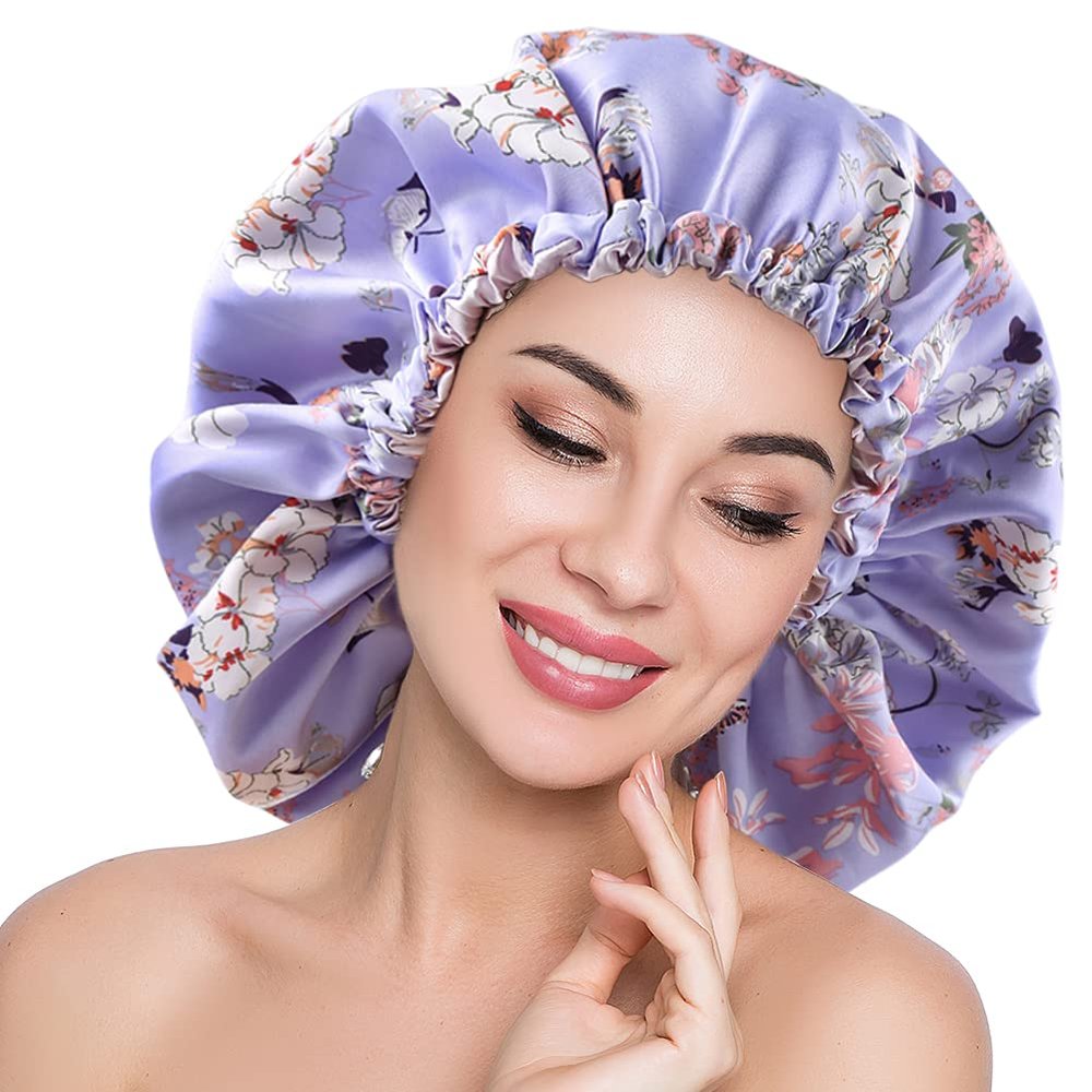 ELIHAIR Silky Night Sleeping Cap Satin Bonnet for Curly Hair Adjustable Hair Bonnet Reversible Double Layer X-Large Purple Flora