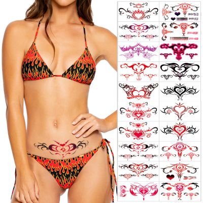 Sexy Navel Temporary Tattoos 20 Sheets Large Black Red Lace Abdomen Waist Waterproof Tattoo Stickers for Women Fake Body Tattoos