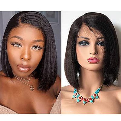 10inch 150 Density Lace Front Wigs Yaki Bob Right Side Part Human Hair Lace Front Wigs Light Yaki Bob (10inch 150 Density, 1b#(Natural Black))