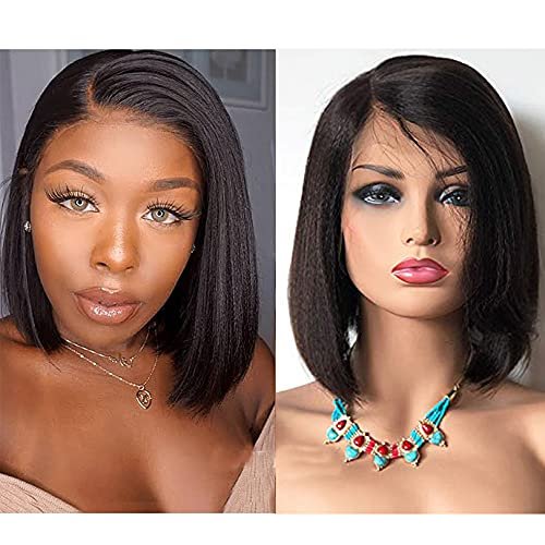 10inch 150 Density Lace Front Wigs Yaki Bob Right Side Part Human Hair Lace Front Wigs Light Yaki Bob (12inch 150 Density, 1b#(Natural Black))