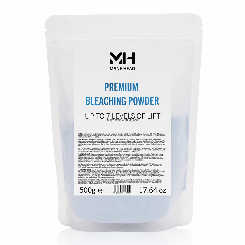 MANE HEAD Blue Premium Dust-Free Bleach Powder for Hair  Anti-Yellow Formula, Up to 7 Levels of Lift, Professional Hair Lightener & Bleach Powder  17.64 oz / 500g