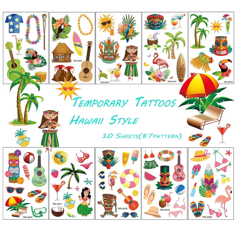 TopFunny Temporary Tattoos for Kids and Adults, 87Pcs Cartoon Hawaii Style Tattoos (10 Sheets) Waterproof Cute Fake Tattoo Body Stickers Holiday Beach Party Decoration Supplies Gifts Favors Girls Boys