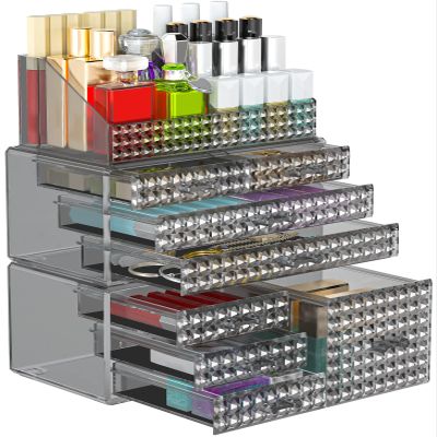 3 Pack Makeup Organizer Stackable[Upgraded], Acrylic Cosmetics Storage Cases with 8 Drawers Perfume Organizers For Brush Holder or Jewelry Display,Plus Size,Best For Vanity,Bathroom or Countertop