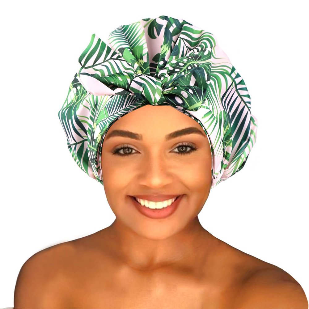 Sent Hair Shower Cap for Women Reusable Waterproof Bath Cap for Long Hair Cap for Shower Cute Extra Large Turban Shower Cap for Braids(Plantain Leaves)