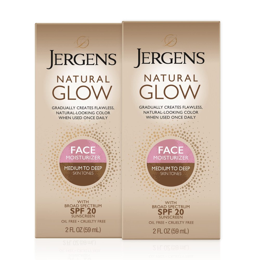 Jergens Natural Glow Face Self Tanner Lotion with SPF 20, Sunless Tanning, Medium to Deep Skin Tone Moisturizer, Daily Facial Sunscreen, Oil Free, Broad Spectrum UVA and UVB Protection,2 Oz(Pack of 2)