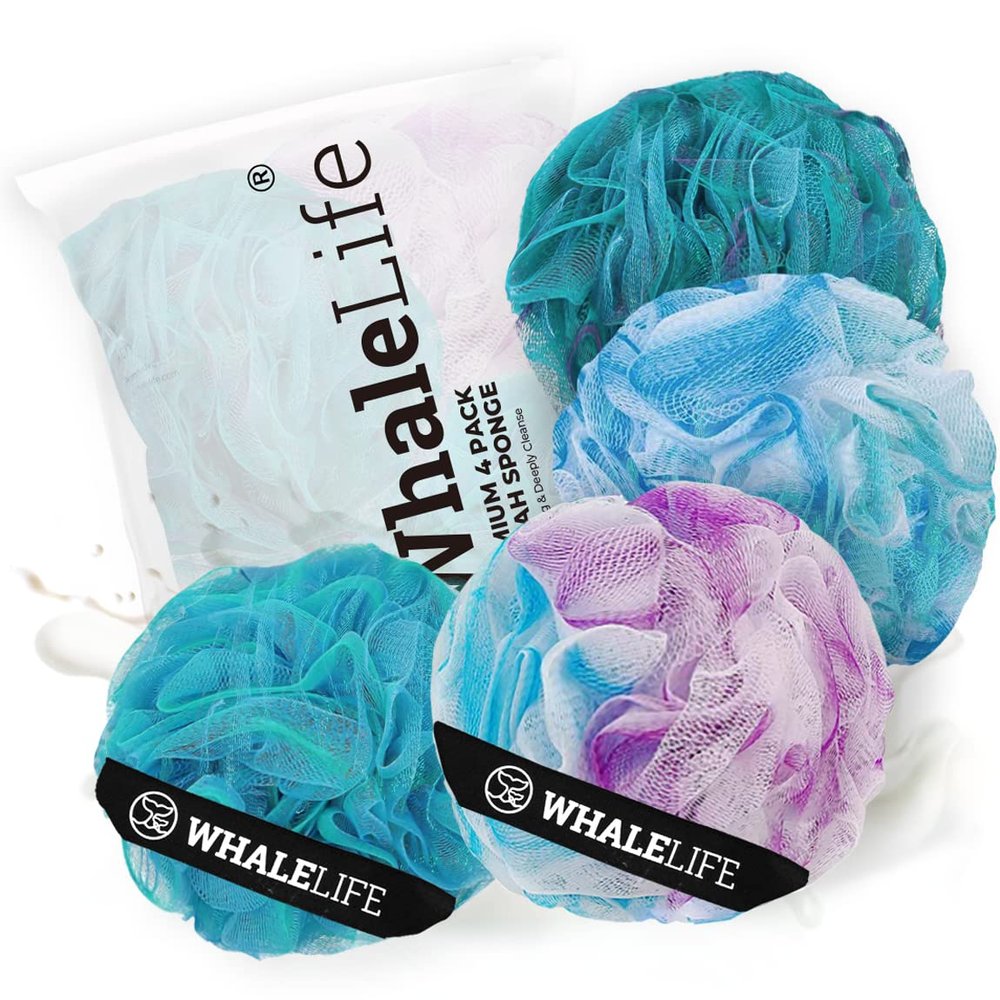 Loofah Sponge Bath Sponge for Women Men 4 Pack (Blue Conbine)