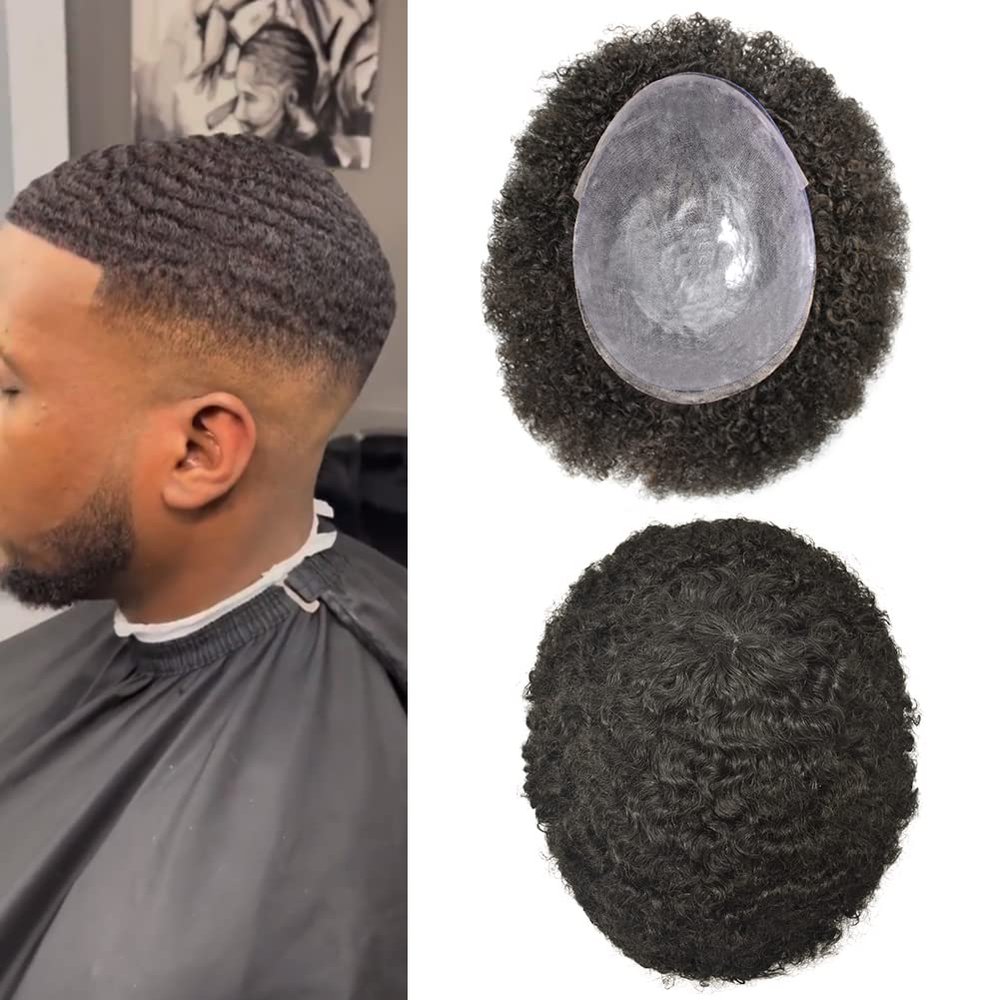 LYRICAL HAIR Man Weave Hair Unit Black Men 6mm-Wave Brazilian Hair Unit for American African Black Men Injection Full Poly Curly HairPieces (#1B Off Black)