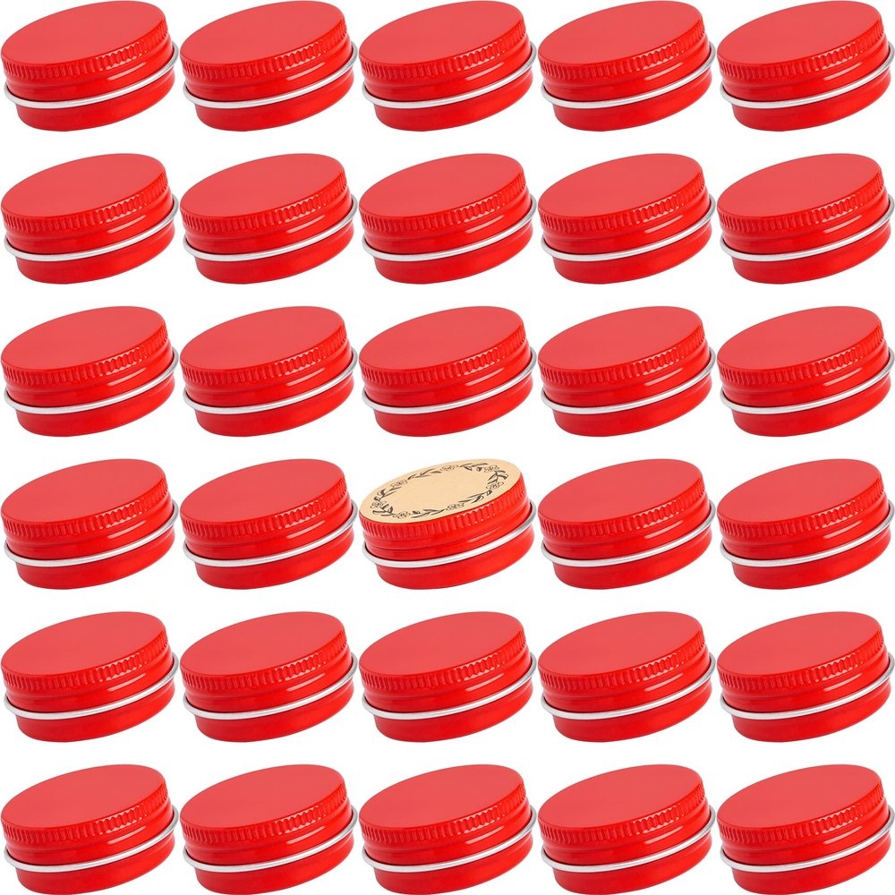 0.5 oz Screw Top Aluminum Tin Jar with Screw Lid and Blank Labels (Red - Pack of 32)