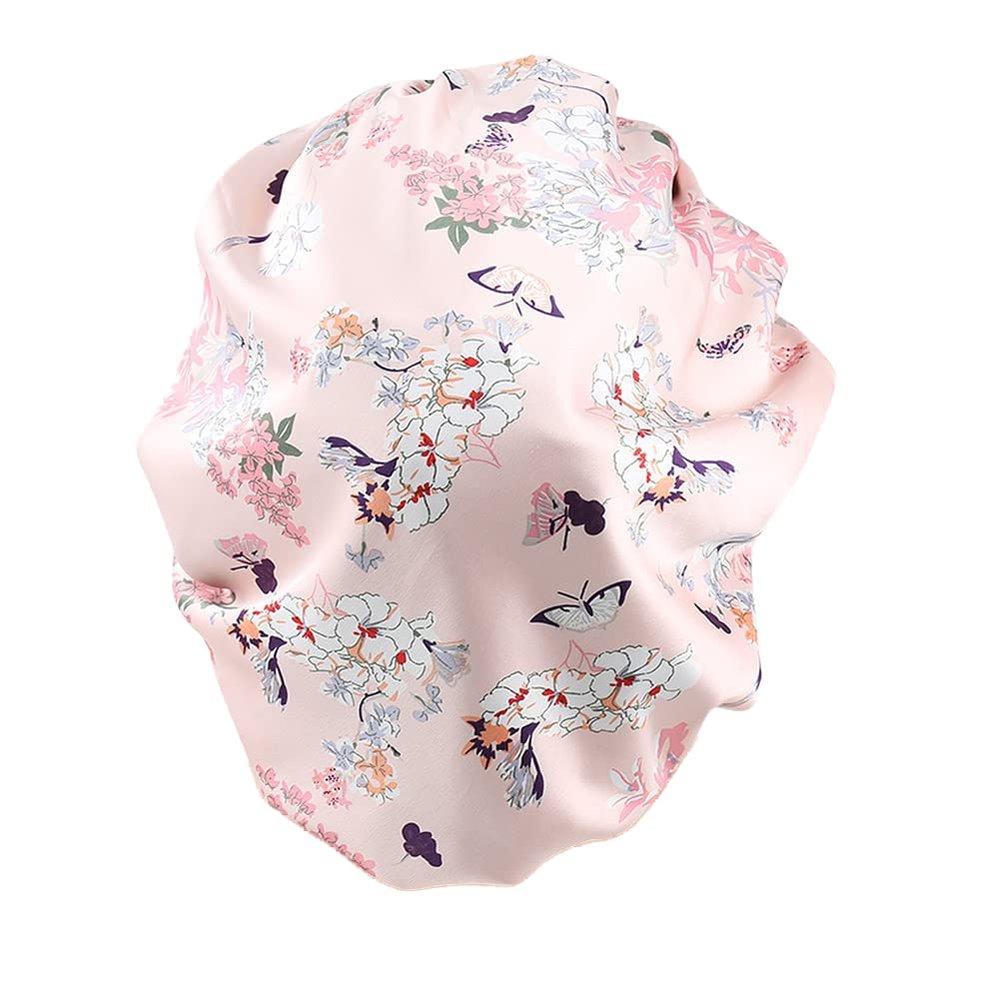 greatremy Satin Braid Bonnet Double Layer Sleep Cap Scruchie, Silky Night Hat Large Bonnet for Women Curly, Long Natural Hair Dreadlocks, Braids, Locs Sleeping (Pink Flowers)