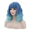 incohair Blue Ombre Wigs for Women 14 Inches Short Blue Wavy Wig With Bangs Short Wigs for Cosplay Party Daily Wigs Wig Cap Included view 2