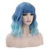 incohair Blue Ombre Wigs for Women 14 Inches Short Blue Wavy Wig With Bangs Short Wigs for Cosplay Party Daily Wigs Wig Cap Included view 3