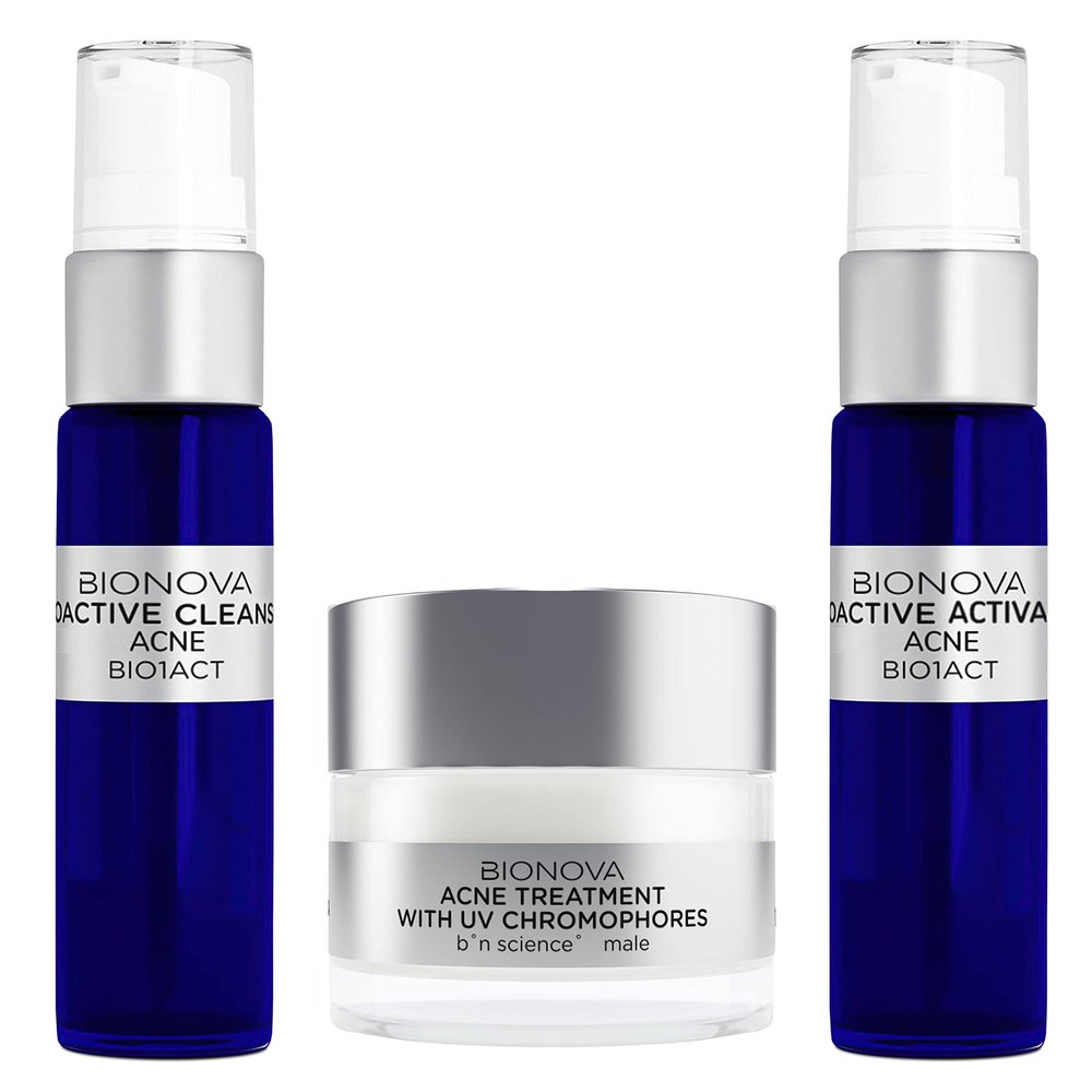 BIONOVA - Acne Discovery Collection with UV Chromophores for Men, The Ultimate Treatment Booster, Scar Prevention and Free-Radical Protection, Deep Cleansing and Long Lasting Results