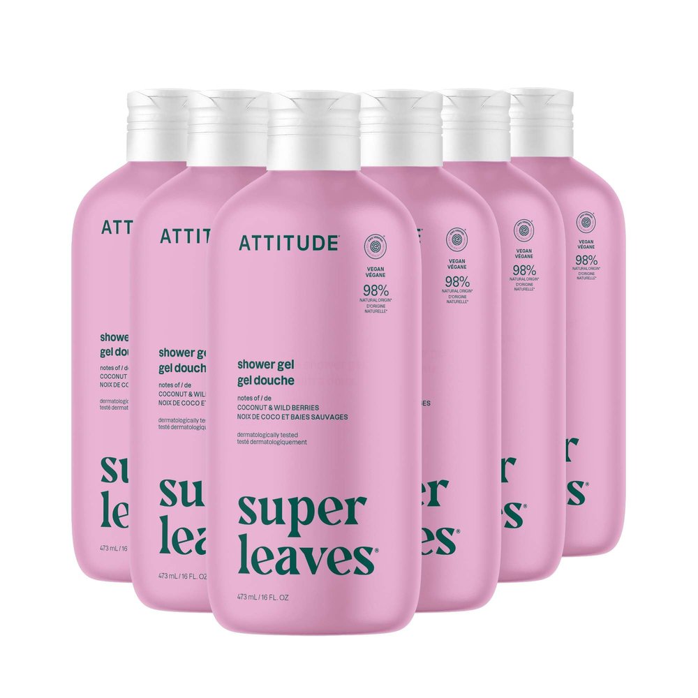 ATTITUDE Body Wash, EWG Verified Shower Gel, Dermatologically Tested, Plant and Mineral-Based, Vegan Personal Care Products, Coconut & Wild Berries, 16 Fl Oz (Pack of 6)