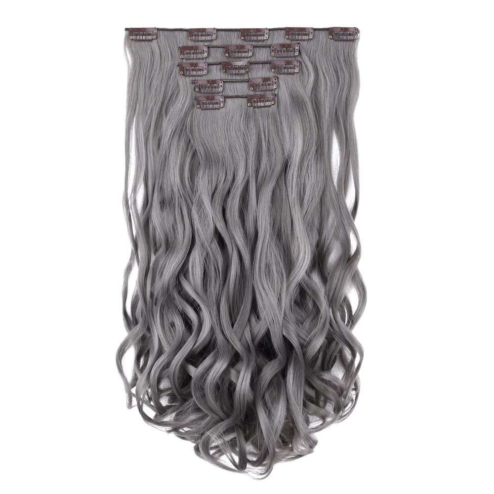 HSPJHTM Grey Hair Extensions Wave Clip in Hair Extension Women Halloween 18" Synthetic Hair Extention 5PCS Long Wavy Gray Thick Hair Pieces for Full Head