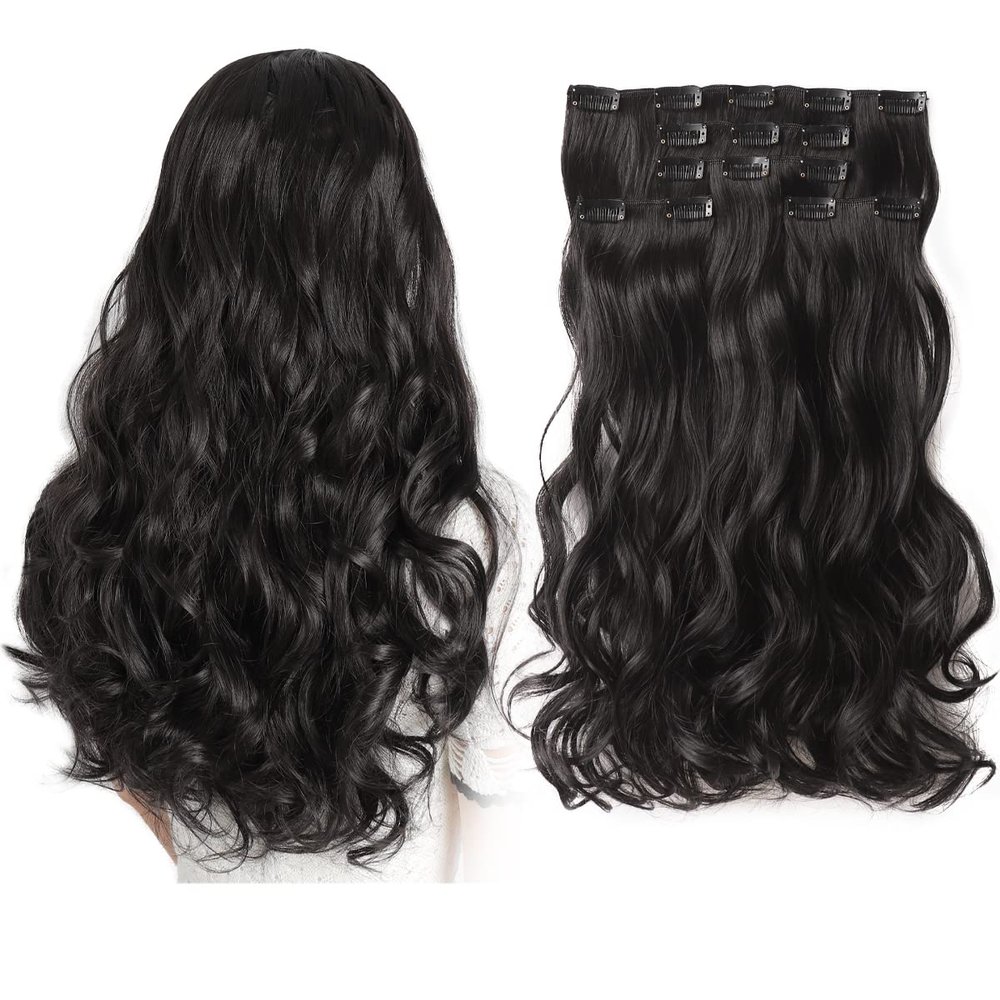 HSPJHTM Natural Black Hair Extensions Wave Clip in Hair Extensions for Women Halloween 18" Hair Extentions Synthetic 5PCS Curly Thick Hair Pieces for Girls Cheap Full Head