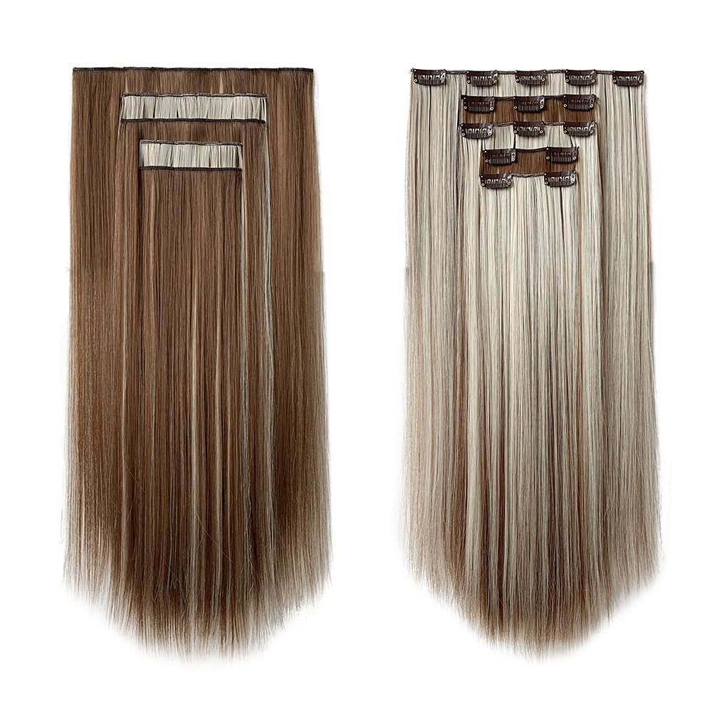 HSPJHTM Clip in Hair Extensions Brown Hair Extension For Women Halloween 22" Long Straight Synthetic Hair Pieces Full Head 5PCS BrownBlonde
