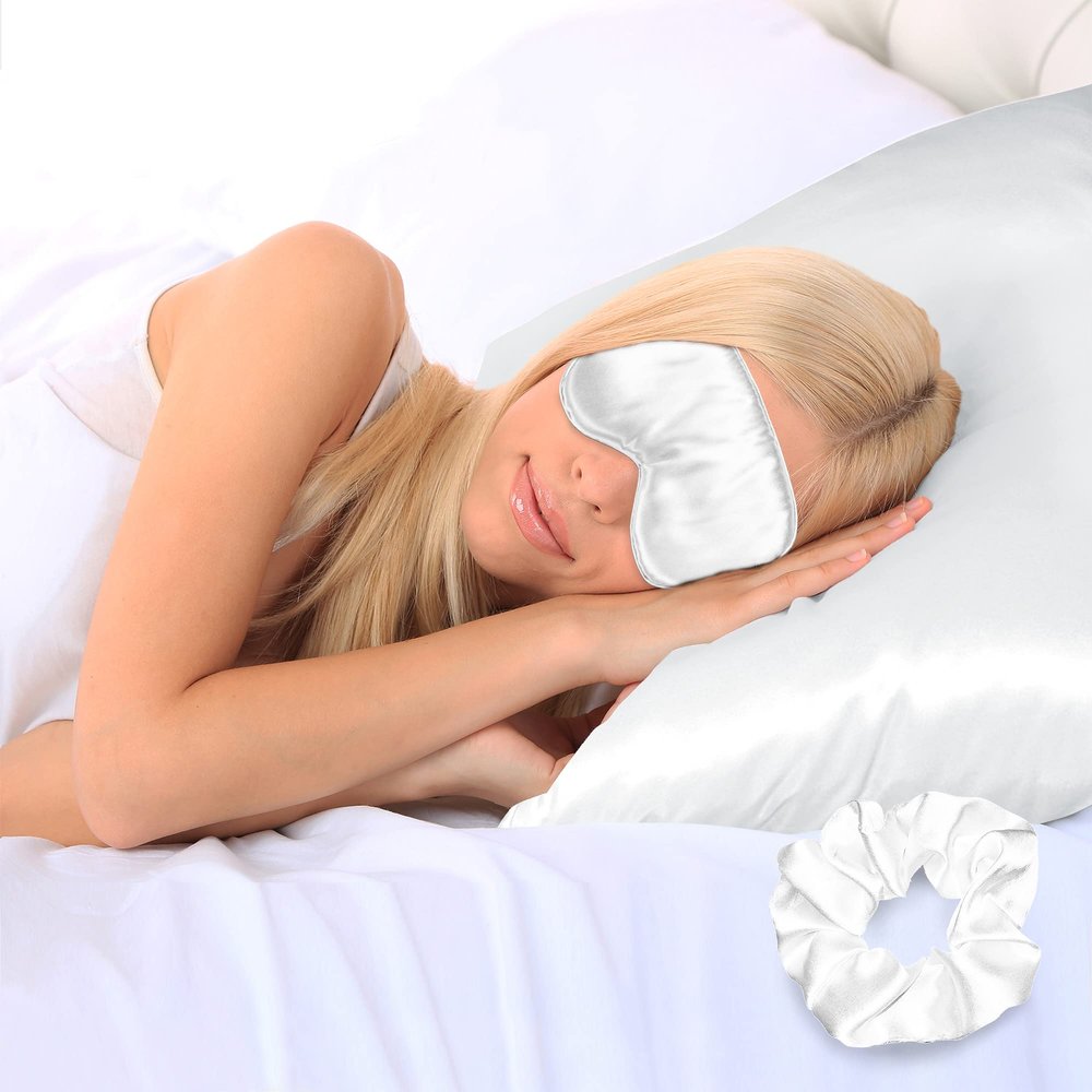 Ciana Luxurious Satin Pillowcase for Hair and Skin, Satin Pillowcase Set-2, 1 Eye Mask, 1 Scrunchie - Luxury Sleep Set, Pillow Case with Envelope Closure (Queen Size, White)