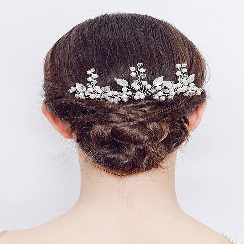 YERTTER 3pcs Wedding Bridal Pearl Hair Pins Set Leaf Crystal Hair Clip Bun Head Pieces for Bride Bridesmaid Flower Girl Wedding Prom Brithday Party (Silver)
